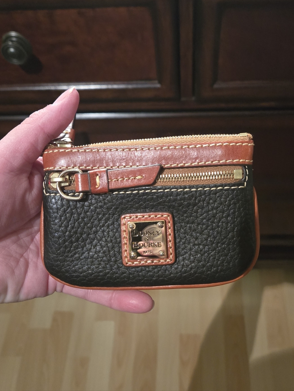 Dooney And Bourke Black Pebbled Leather Card Coin Wallet with Tan Leather Trim